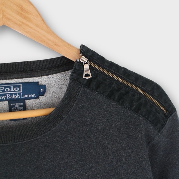 Polo Ralph Lauren Men's Crewneck Sweatshirt Shoulder Zip Elbow Patches Gray - Picture 3 of 5
